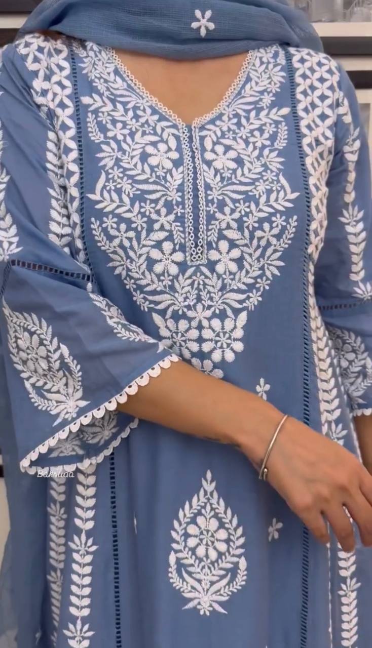 Elegant Pure Faux Georgette Silk Top & Plazzo Set with Dupatta – Multi-Needle Sequins Embroidery