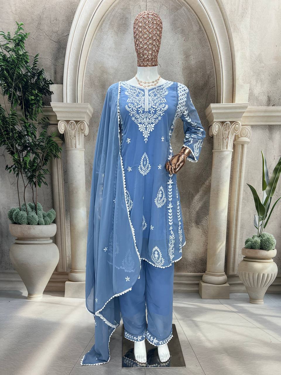 Elegant Pure Faux Georgette Silk Top & Plazzo Set with Dupatta – Multi-Needle Sequins Embroidery