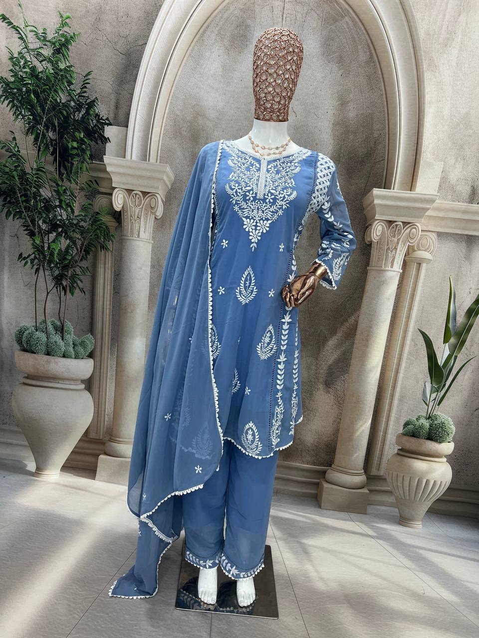 Elegant Pure Faux Georgette Silk Top & Plazzo Set with Dupatta – Multi-Needle Sequins Embroidery
