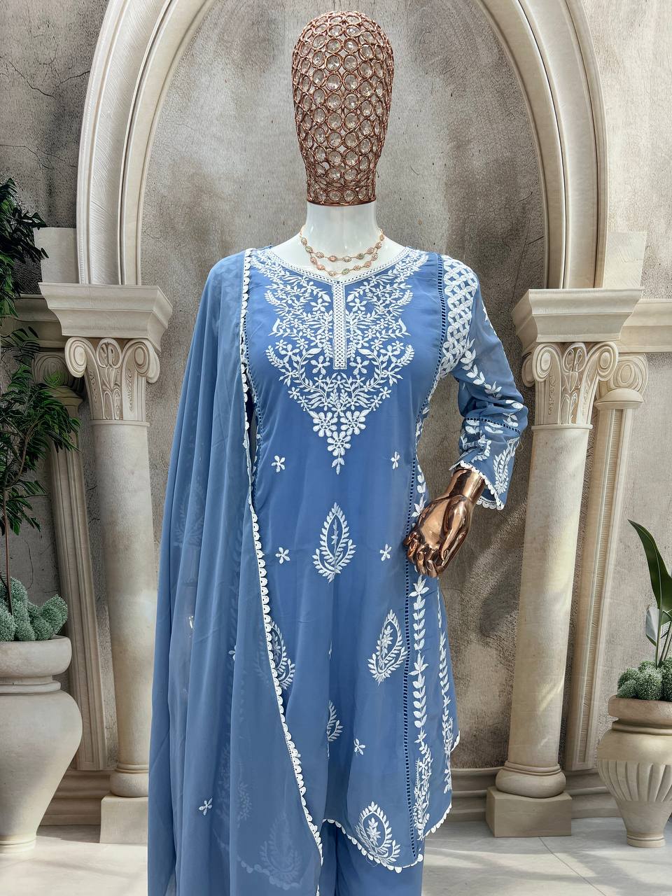 Elegant Pure Faux Georgette Silk Top & Plazzo Set with Dupatta – Multi-Needle Sequins Embroidery