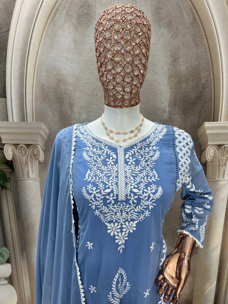 Elegant Pure Faux Georgette Silk Top & Plazzo Set with Dupatta – Multi-Needle Sequins Embroidery