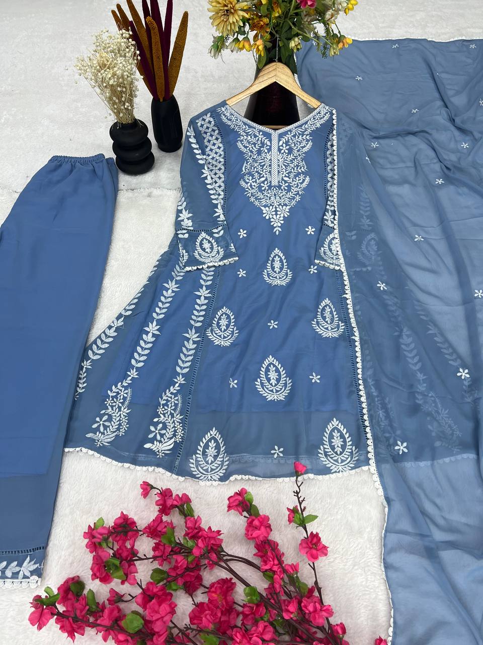 Elegant Pure Faux Georgette Silk Top & Plazzo Set with Dupatta – Multi-Needle Sequins Embroidery