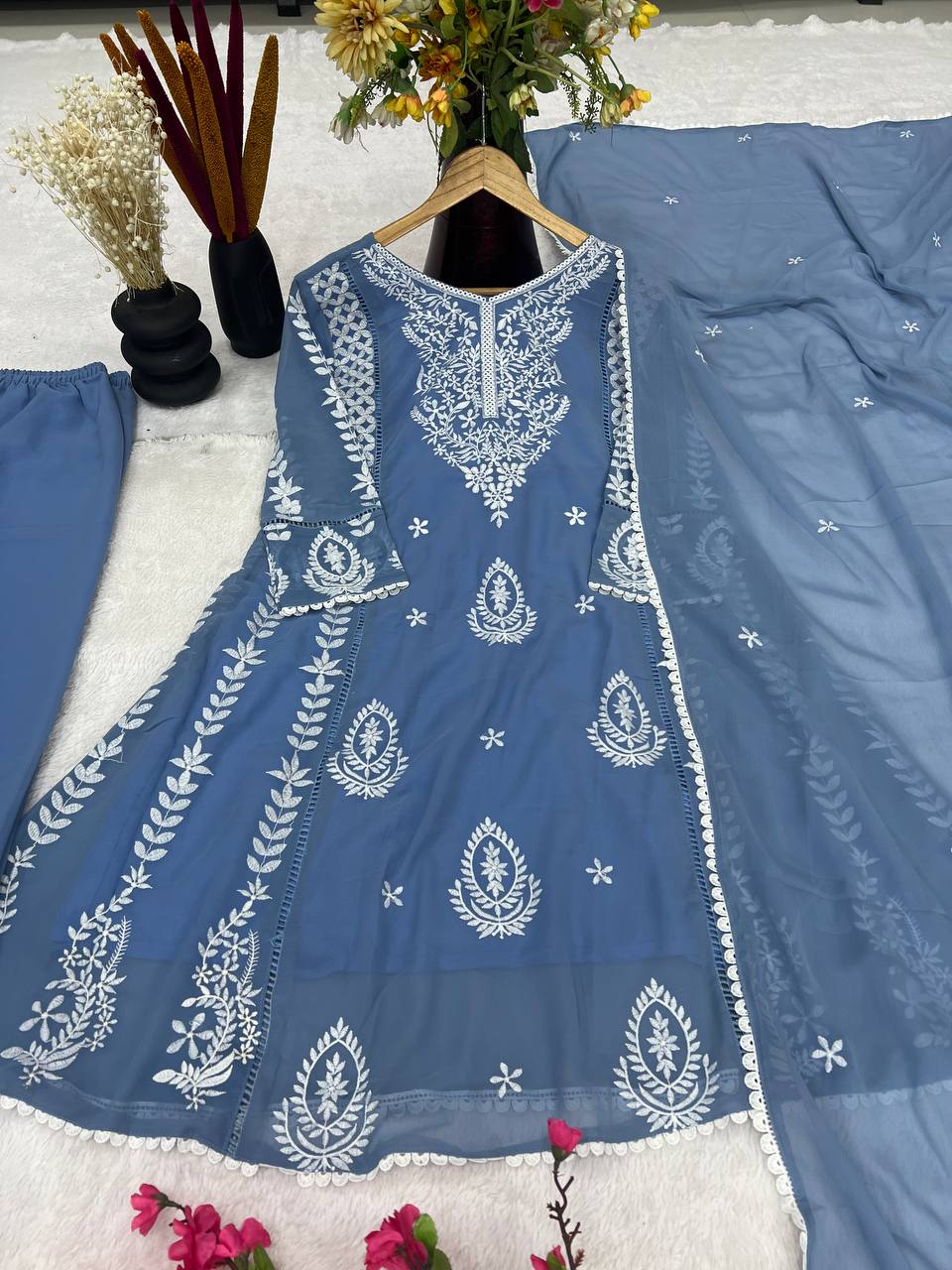 Elegant Pure Faux Georgette Silk Top & Plazzo Set with Dupatta – Multi-Needle Sequins Embroidery