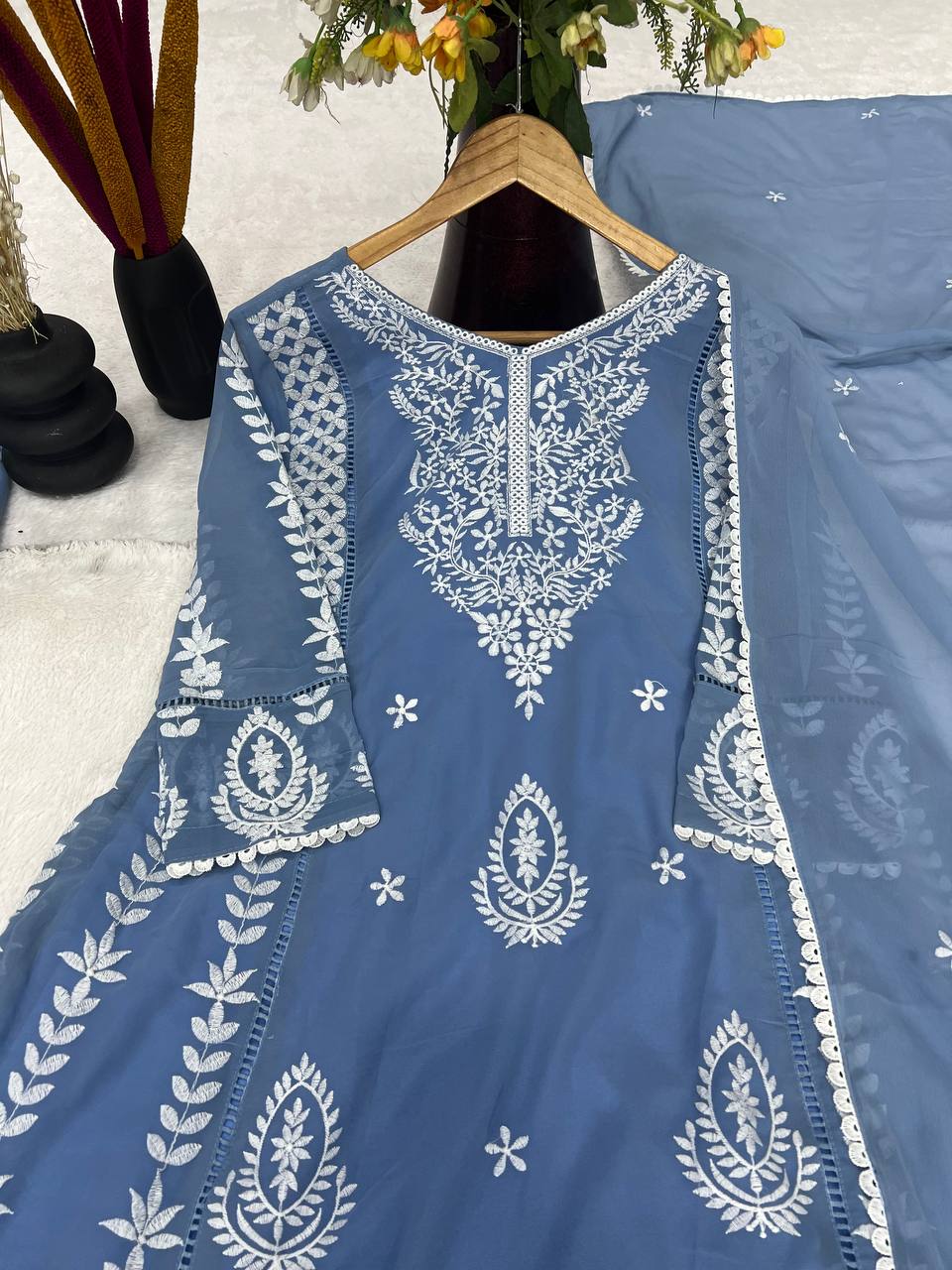 Elegant Pure Faux Georgette Silk Top & Plazzo Set with Dupatta – Multi-Needle Sequins Embroidery