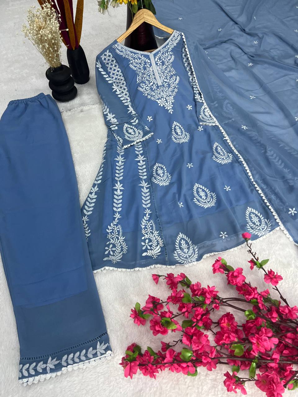 Elegant Pure Faux Georgette Silk Top & Plazzo Set with Dupatta – Multi-Needle Sequins Embroidery