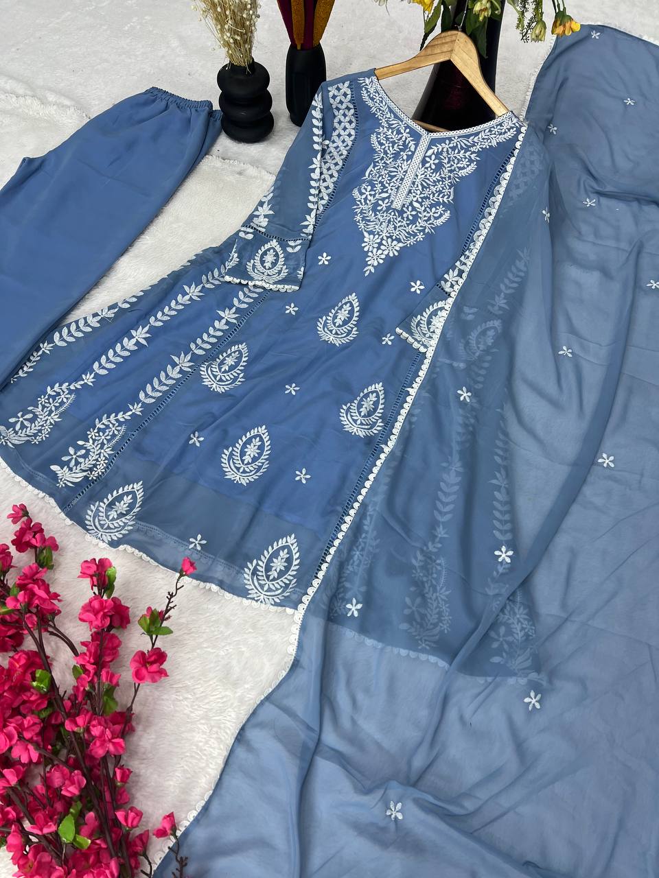 Elegant Pure Faux Georgette Silk Top & Plazzo Set with Dupatta – Multi-Needle Sequins Embroidery