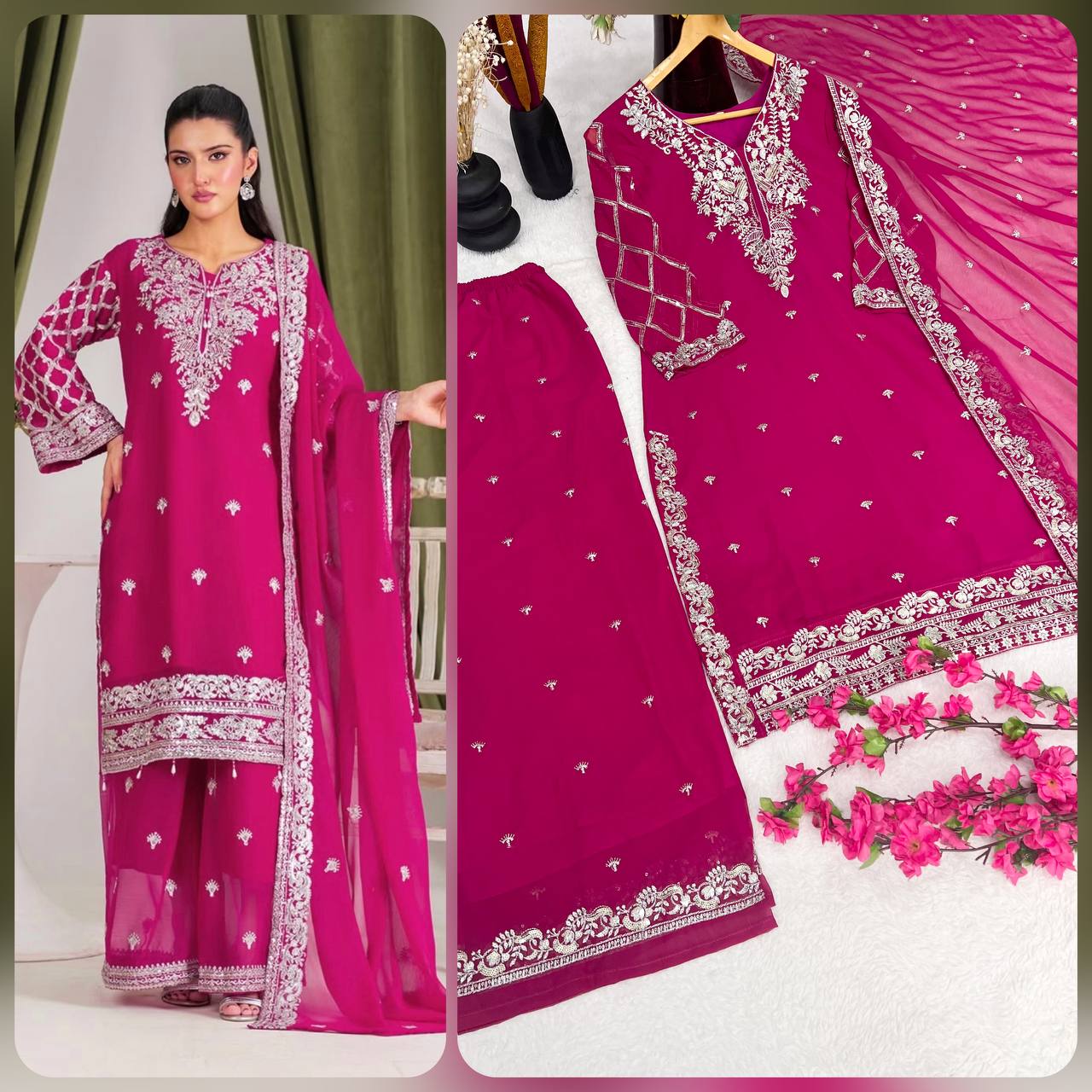 Designer Pure Faux Georgette Silk Top & Plazzo Set with Dupatta – Multi-Needle Sequins & Zari Embroidery