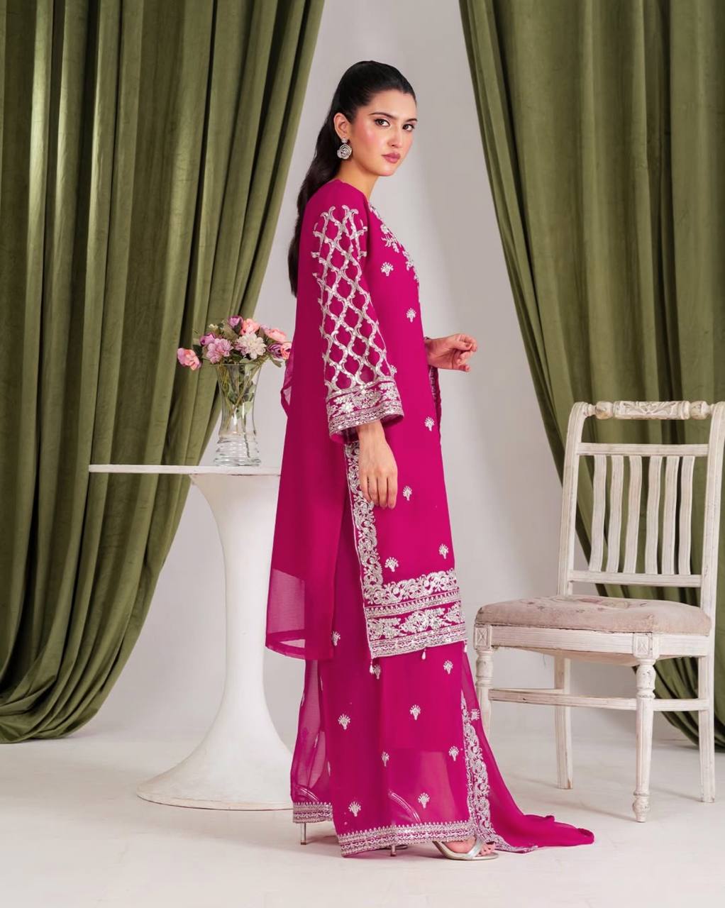 Designer Pure Faux Georgette Silk Top & Plazzo Set with Dupatta – Multi-Needle Sequins & Zari Embroidery