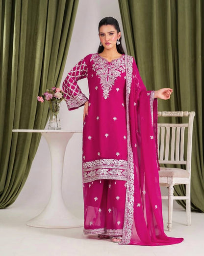 Designer Pure Faux Georgette Silk Top & Plazzo Set with Dupatta – Multi-Needle Sequins & Zari Embroidery