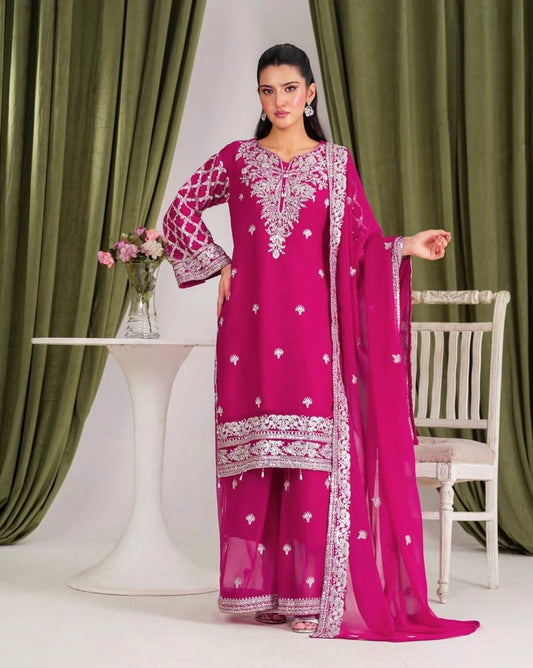 Designer Pure Faux Georgette Silk Top & Plazzo Set with Dupatta – Multi-Needle Sequins & Zari Embroidery