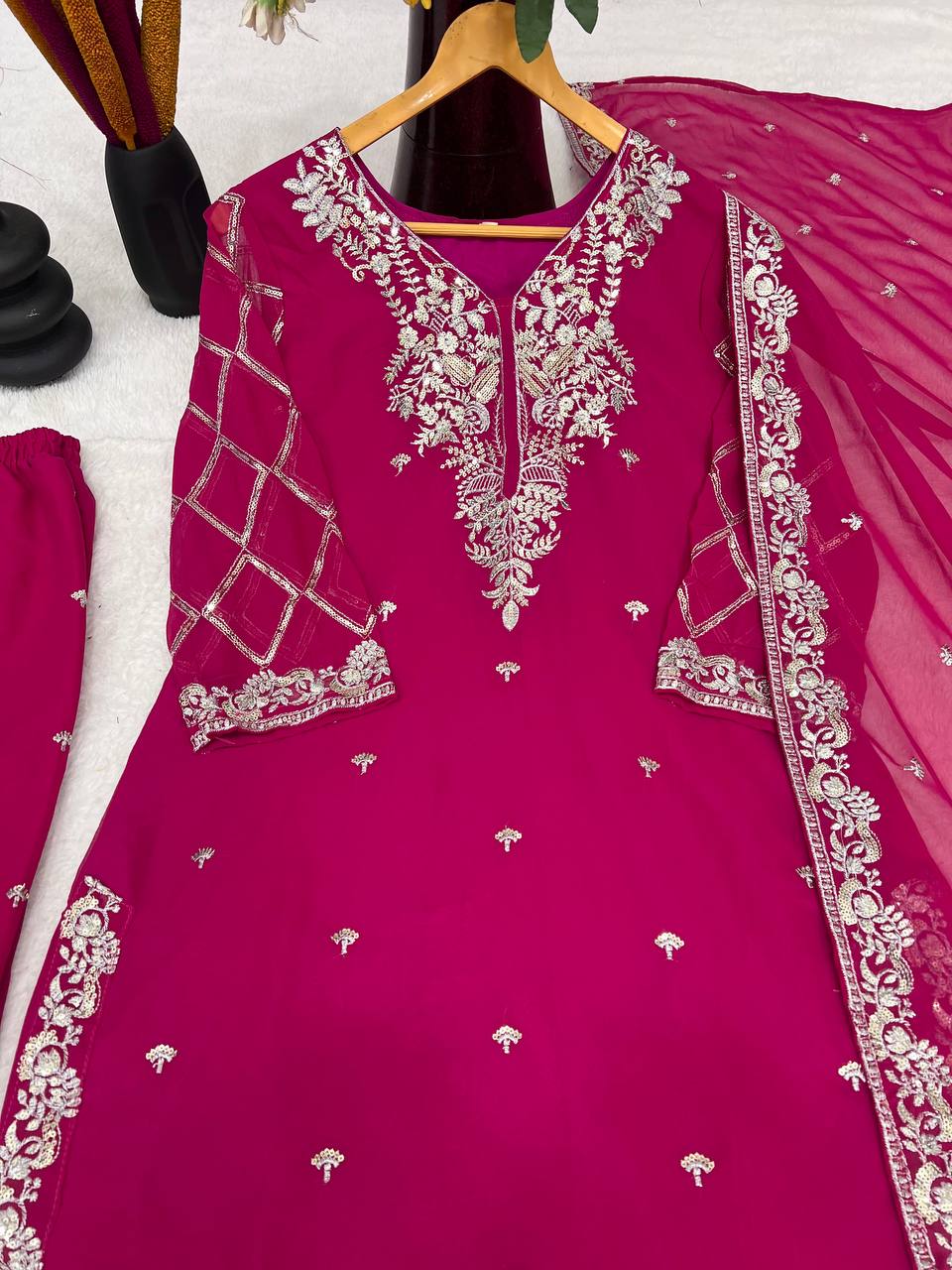 Designer Pure Faux Georgette Silk Top & Plazzo Set with Dupatta – Multi-Needle Sequins & Zari Embroidery