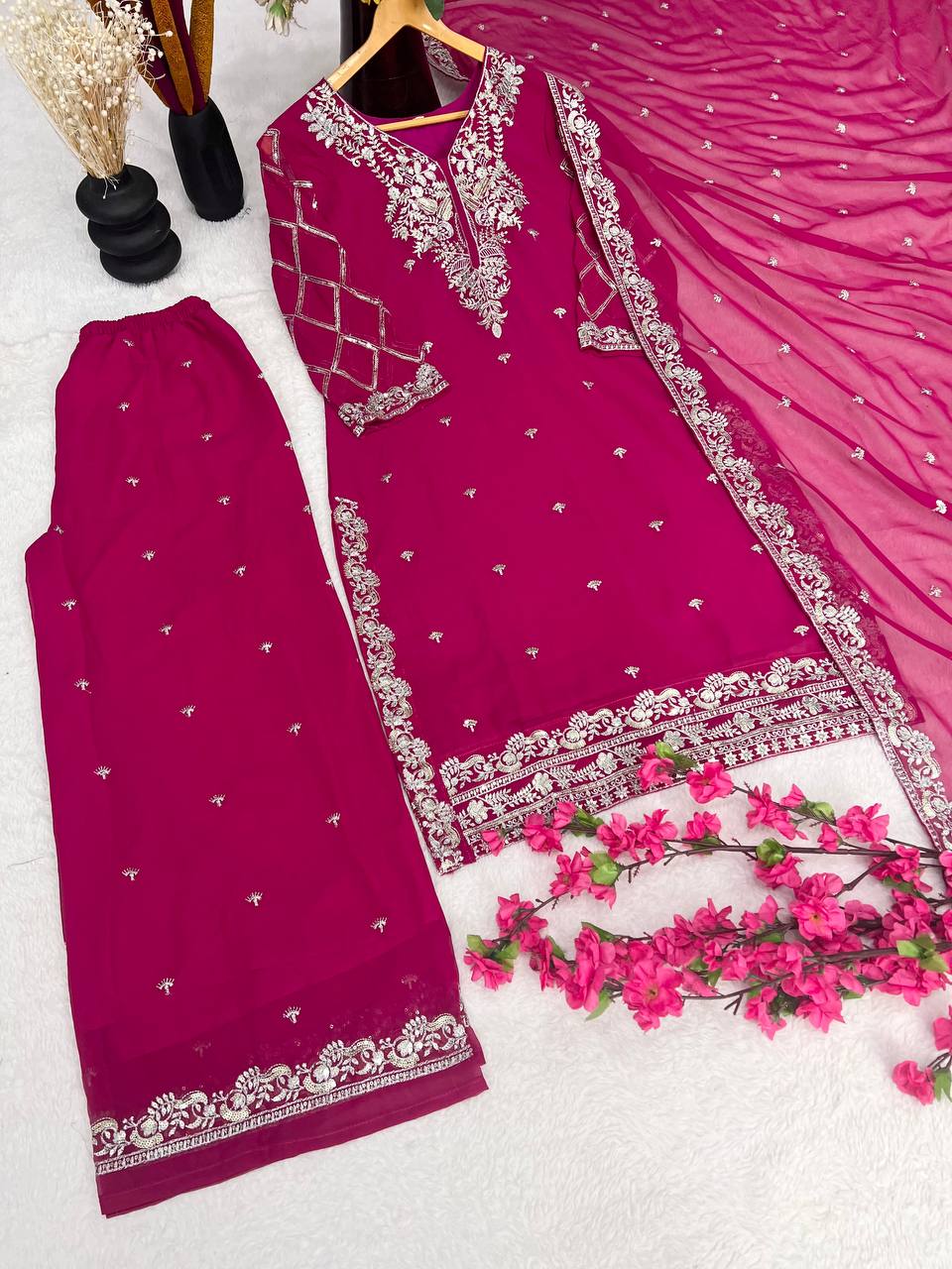 Designer Pure Faux Georgette Silk Top & Plazzo Set with Dupatta – Multi-Needle Sequins & Zari Embroidery