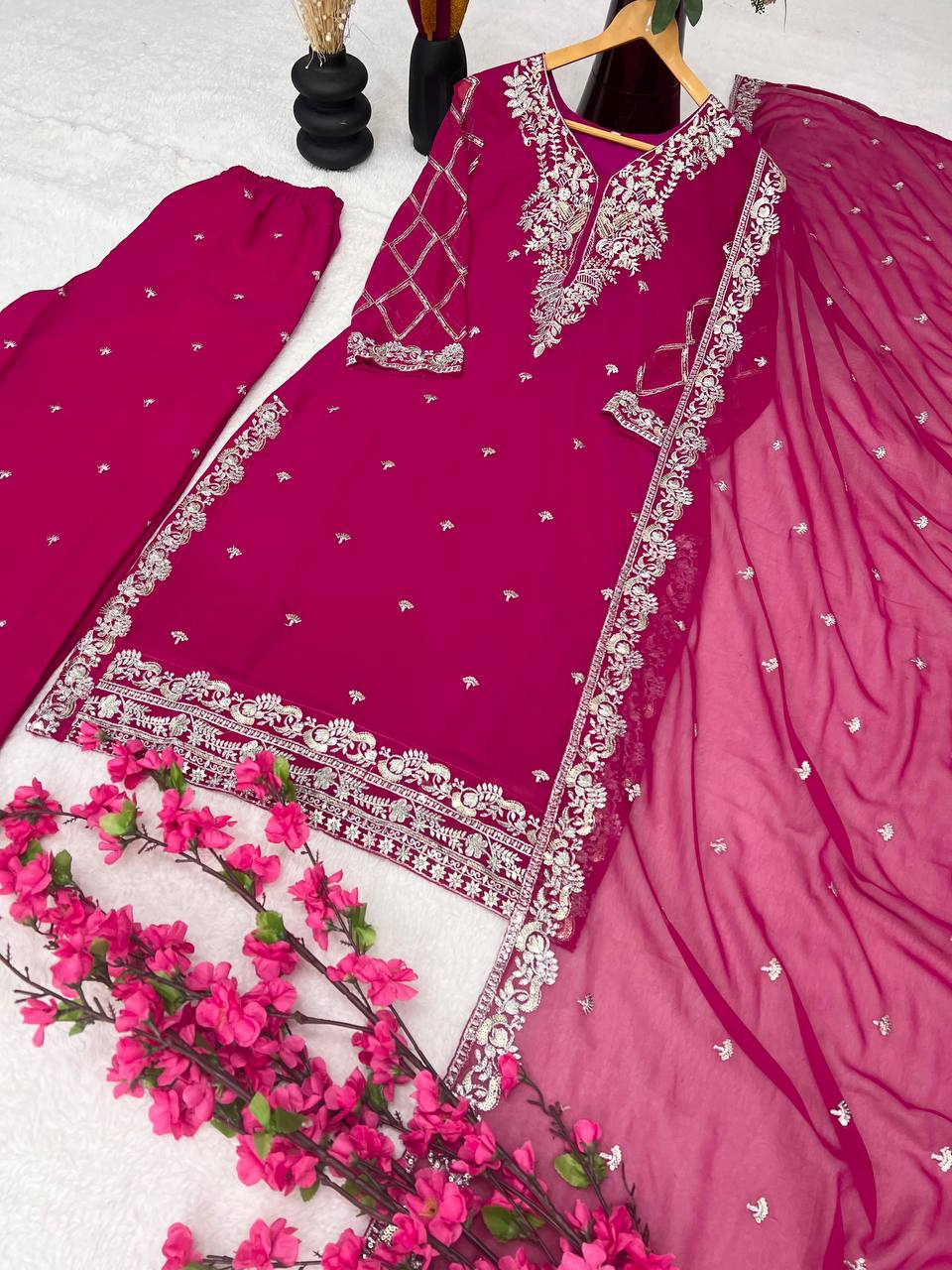 Designer Pure Faux Georgette Silk Top & Plazzo Set with Dupatta – Multi-Needle Sequins & Zari Embroidery