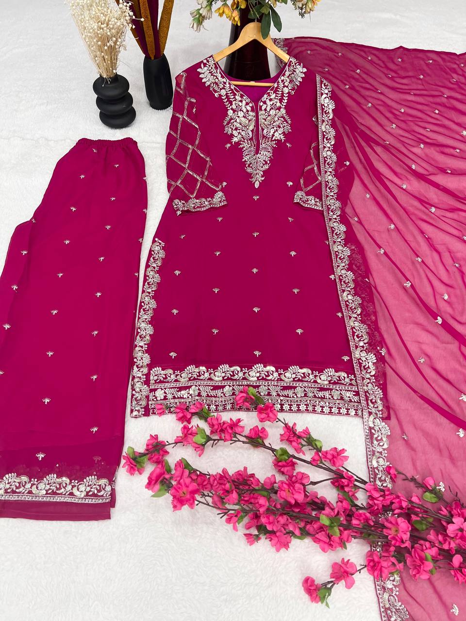 Designer Pure Faux Georgette Silk Top & Plazzo Set with Dupatta – Multi-Needle Sequins & Zari Embroidery