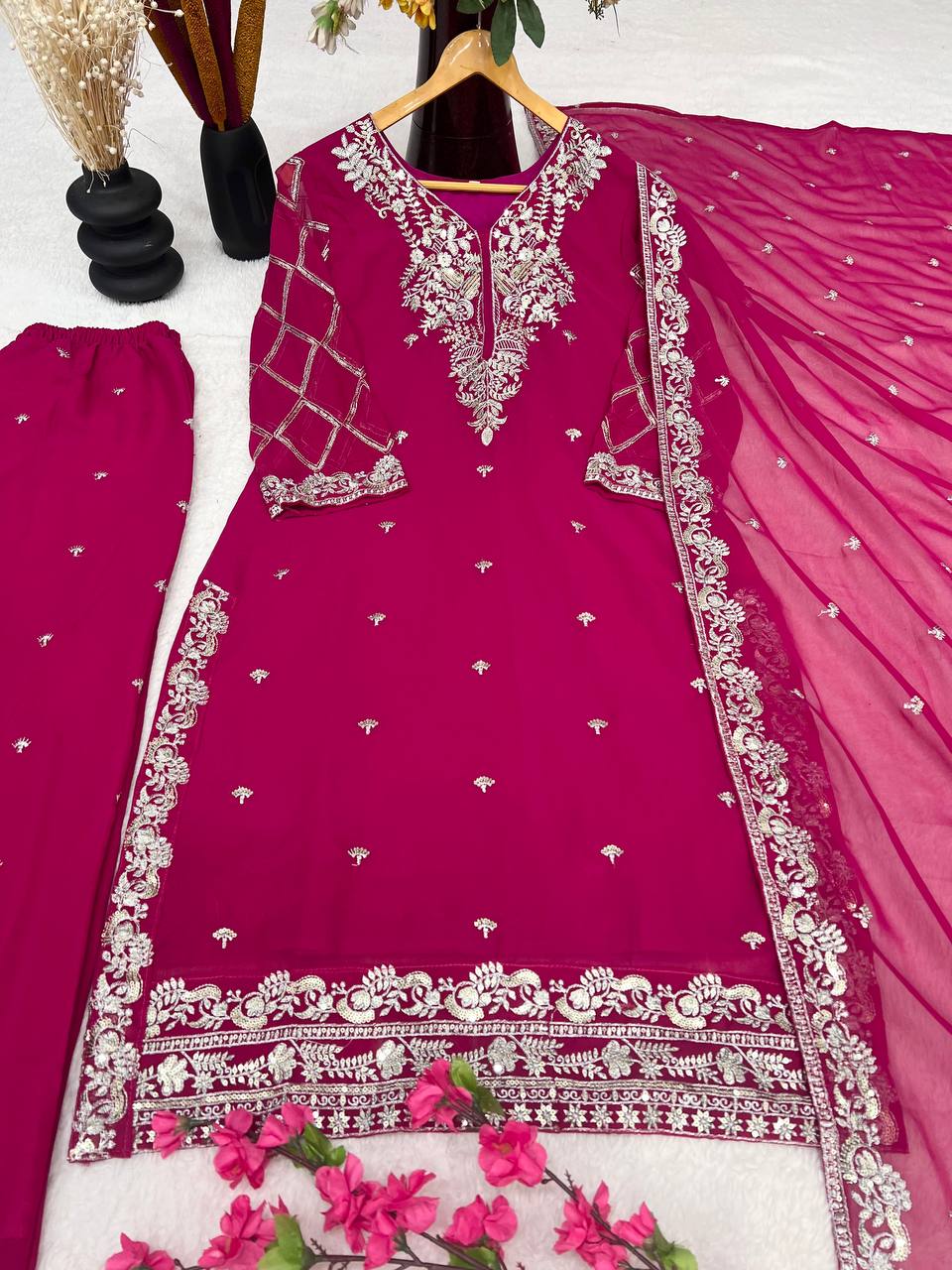 Designer Pure Faux Georgette Silk Top & Plazzo Set with Dupatta – Multi-Needle Sequins & Zari Embroidery