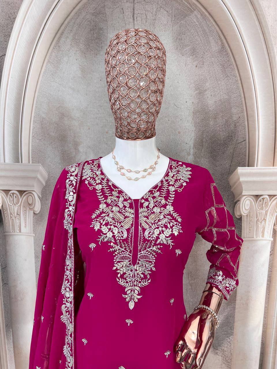 Designer Pure Faux Georgette Silk Top & Plazzo Set with Dupatta – Multi-Needle Sequins & Zari Embroidery