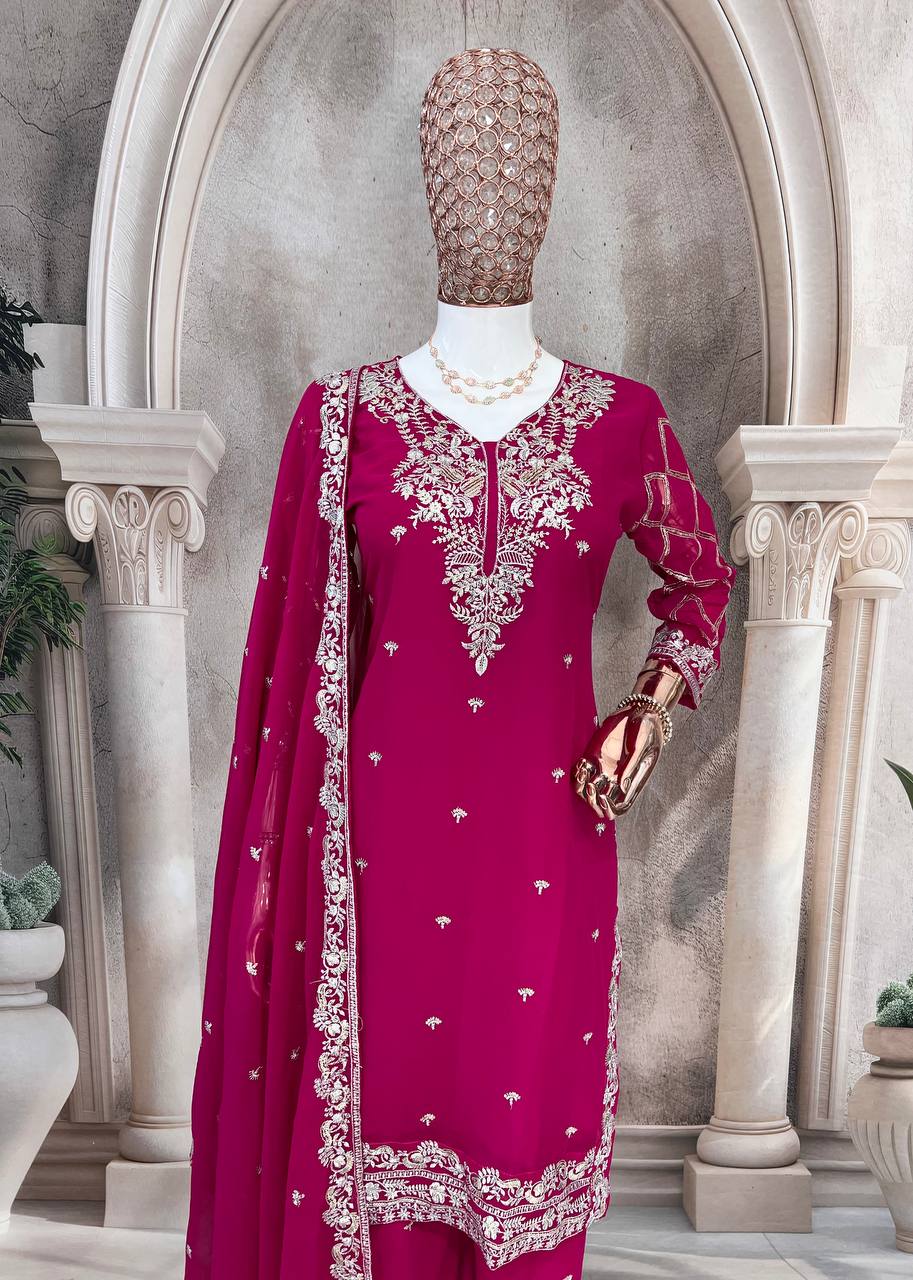 Designer Pure Faux Georgette Silk Top & Plazzo Set with Dupatta – Multi-Needle Sequins & Zari Embroidery