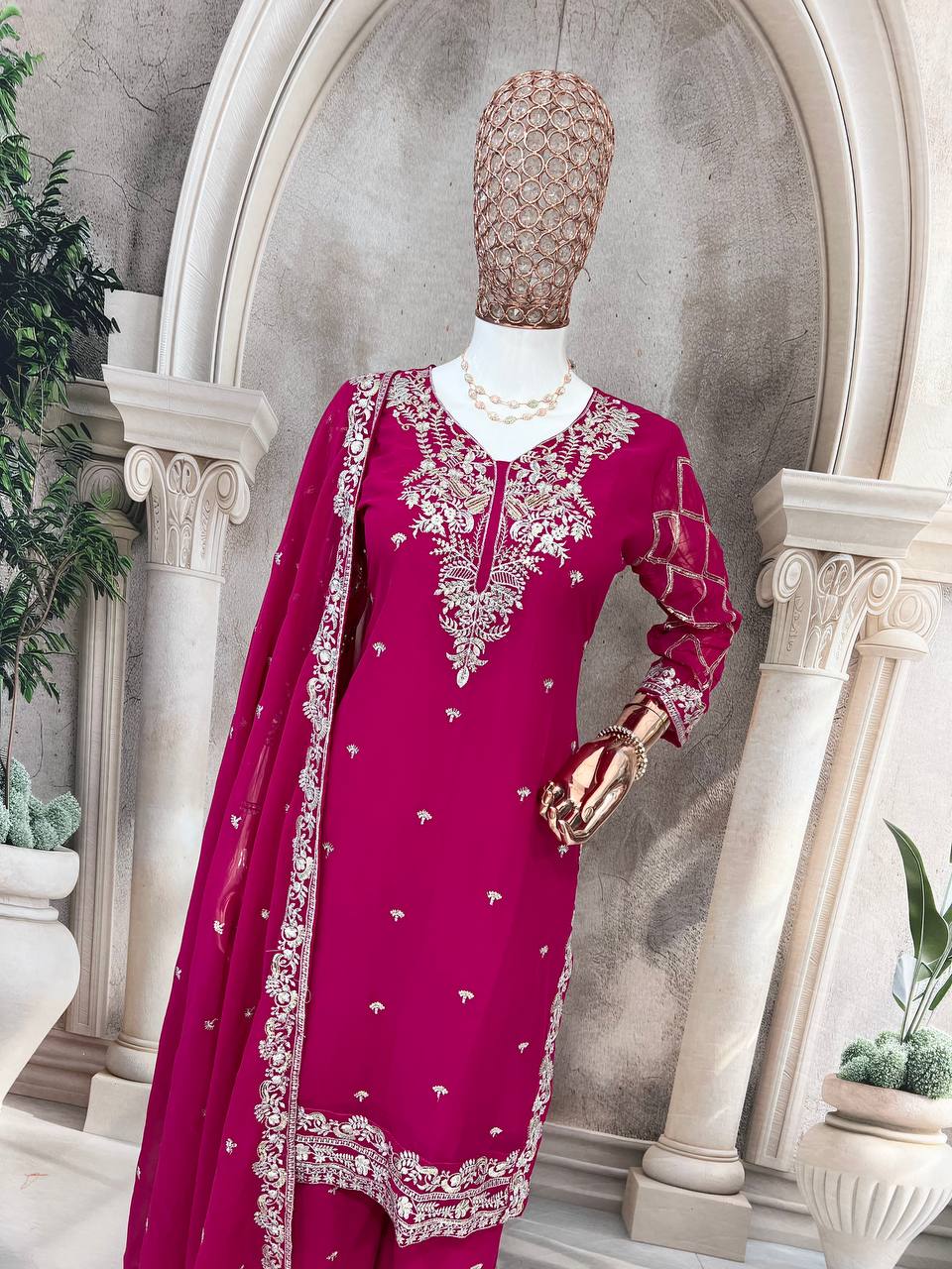 Designer Pure Faux Georgette Silk Top & Plazzo Set with Dupatta – Multi-Needle Sequins & Zari Embroidery