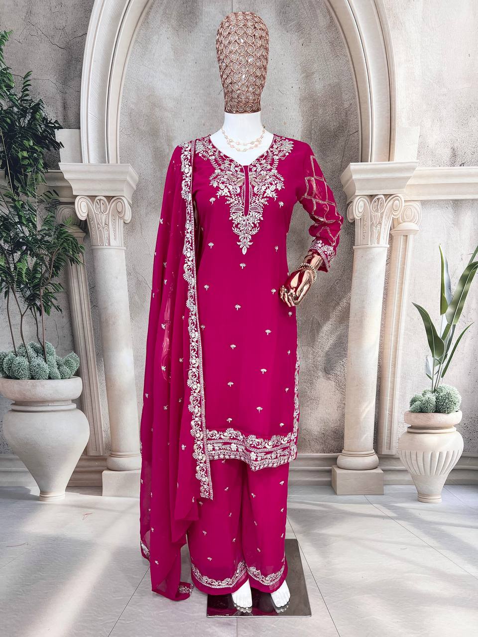 Designer Pure Faux Georgette Silk Top & Plazzo Set with Dupatta – Multi-Needle Sequins & Zari Embroidery