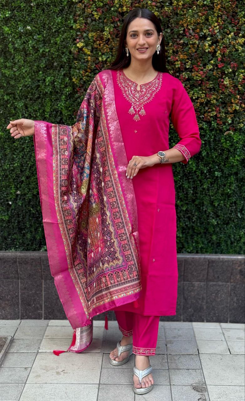 Designers Kurti Pent Dupatta Set, Premium Roman Silk & Embroidery Multy Work, Dupatta jacquard Lichi Silk jacquard With Latkan