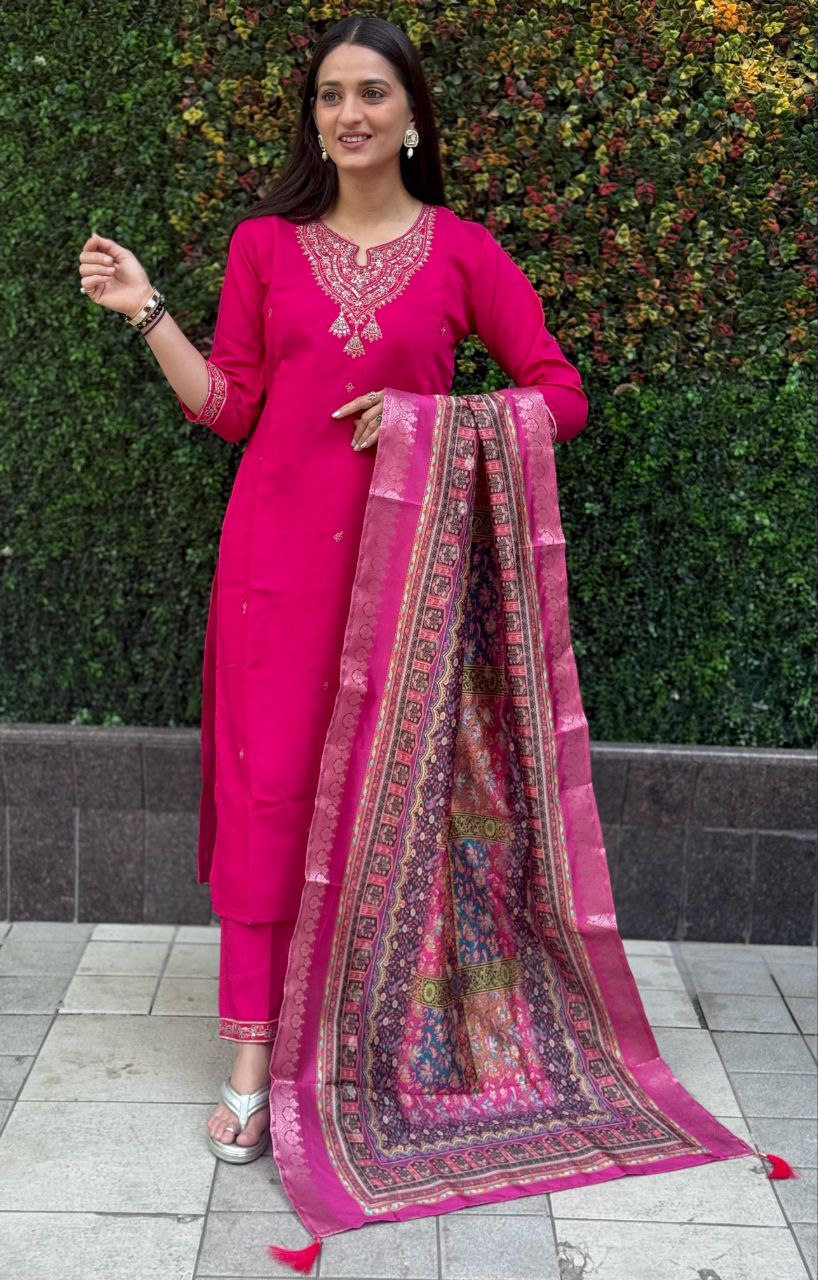 Designers Kurti Pent Dupatta Set, Premium Roman Silk & Embroidery Multy Work, Dupatta jacquard Lichi Silk jacquard With Latkan