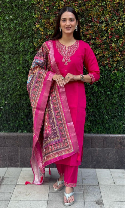 Designers Kurti Pent Dupatta Set, Premium Roman Silk & Embroidery Multy Work, Dupatta jacquard Lichi Silk jacquard With Latkan