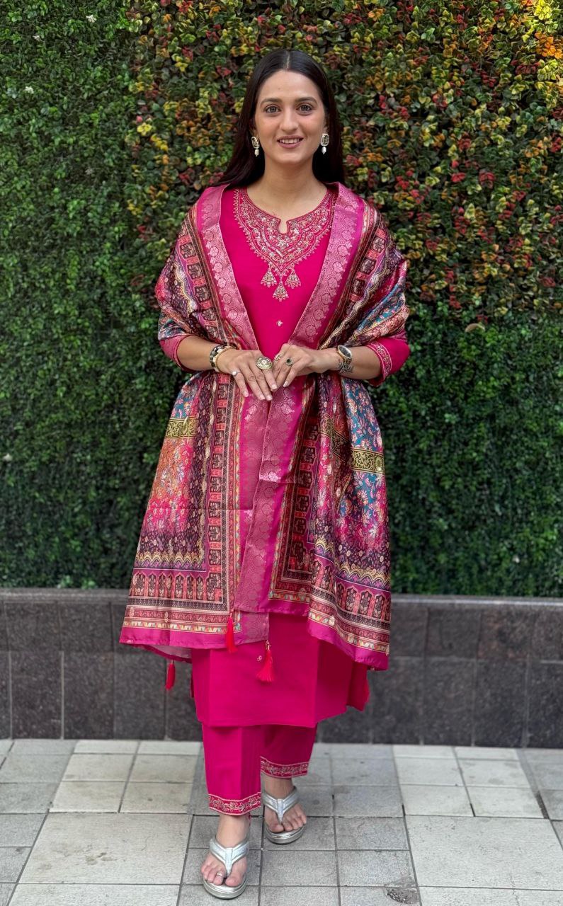 Designers Kurti Pent Dupatta Set, Premium Roman Silk & Embroidery Multy Work, Dupatta jacquard Lichi Silk jacquard With Latkan