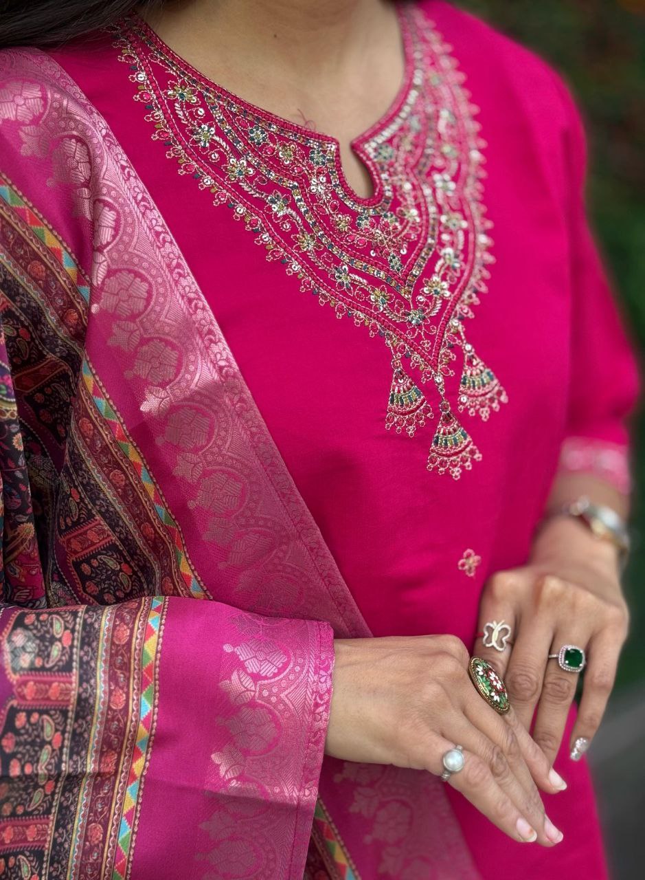 Designers Kurti Pent Dupatta Set, Premium Roman Silk & Embroidery Multy Work, Dupatta jacquard Lichi Silk jacquard With Latkan