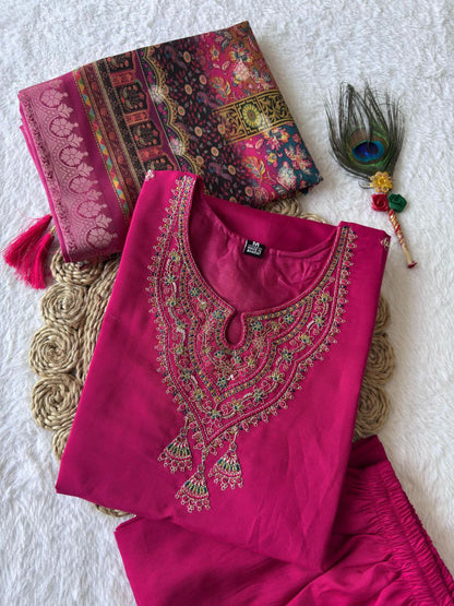 Designers Kurti Pent Dupatta Set, Premium Roman Silk & Embroidery Multy Work, Dupatta jacquard Lichi Silk jacquard With Latkan