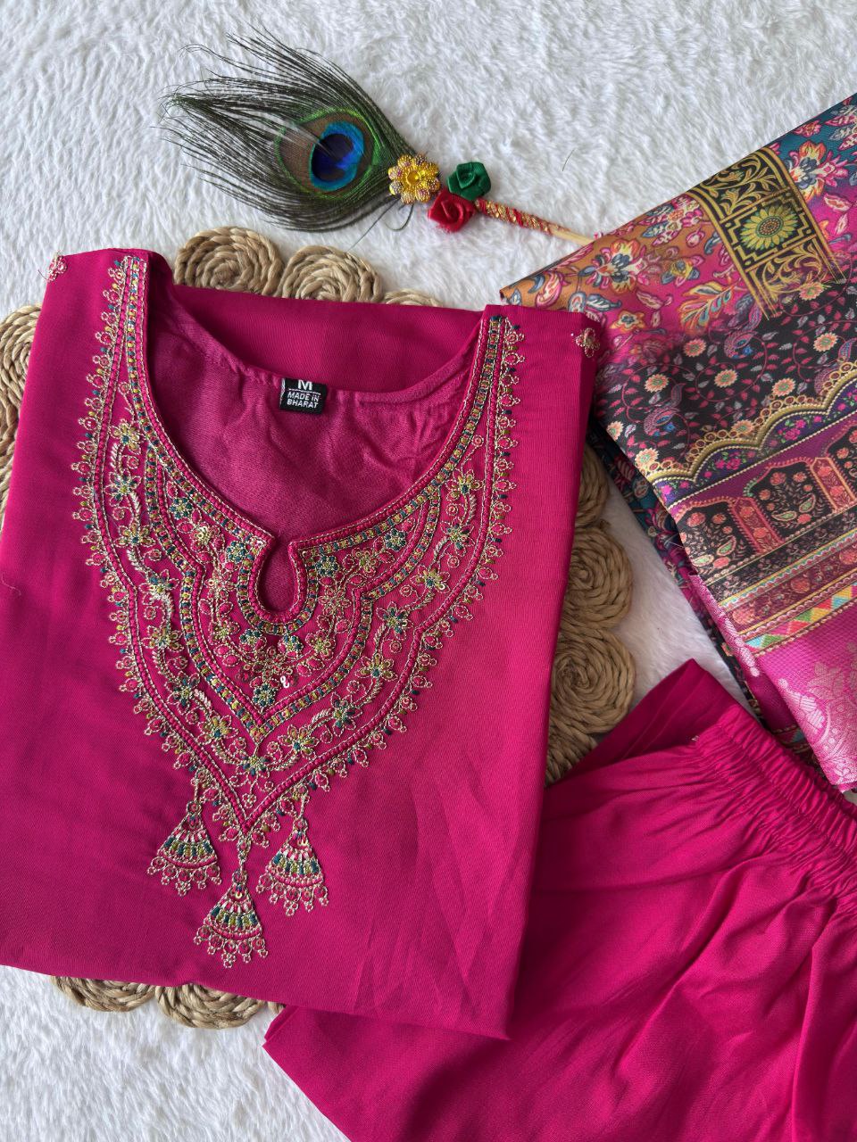 Designers Kurti Pent Dupatta Set, Premium Roman Silk & Embroidery Multy Work, Dupatta jacquard Lichi Silk jacquard With Latkan