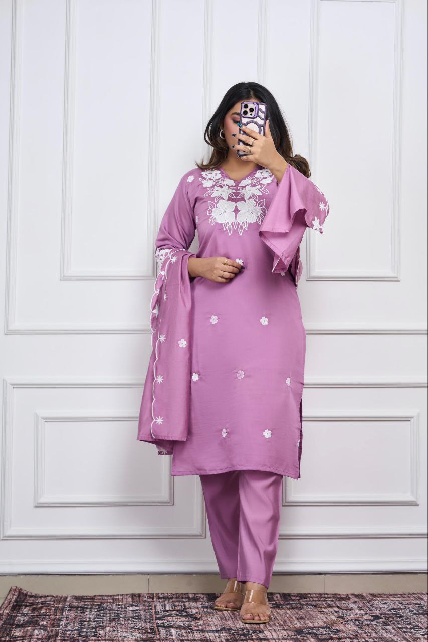 Designers Kurti Pent Dupatta Set, Premium Roman Silk, Embroidery With Sequence Work & Cotton Inner (Full), Dupatta Romam Silk With Embroidery Work