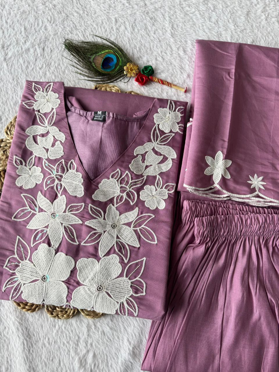 Designers Kurti Pent Dupatta Set, Premium Roman Silk, Embroidery With Sequence Work & Cotton Inner (Full), Dupatta Romam Silk With Embroidery Work