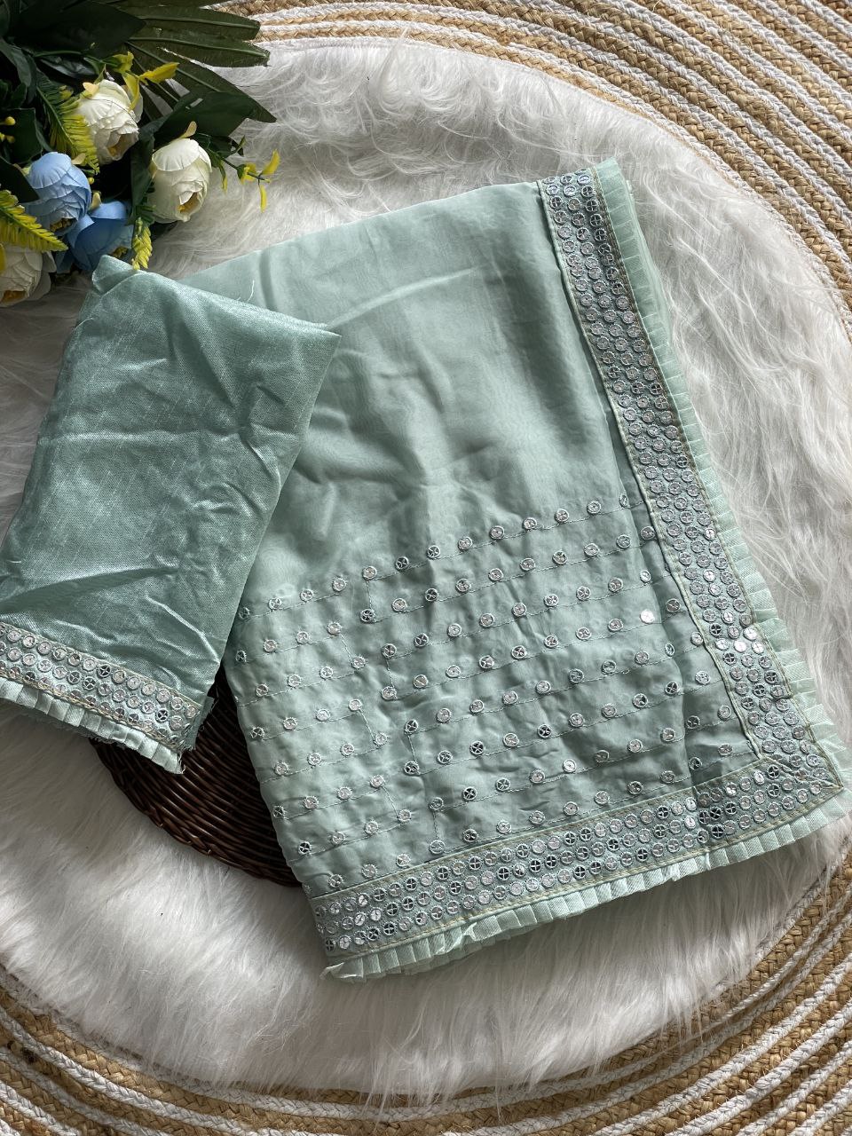 Heavy Tissue Organza Saree with Sequins Embroidery & Frill Lace Border, Silk Blouse for Weddings & Parties