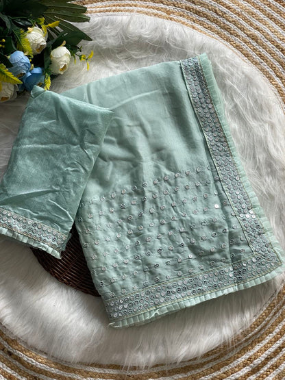 Heavy Tissue Organza Saree with Sequins Embroidery & Frill Lace Border, Silk Blouse for Weddings & Parties