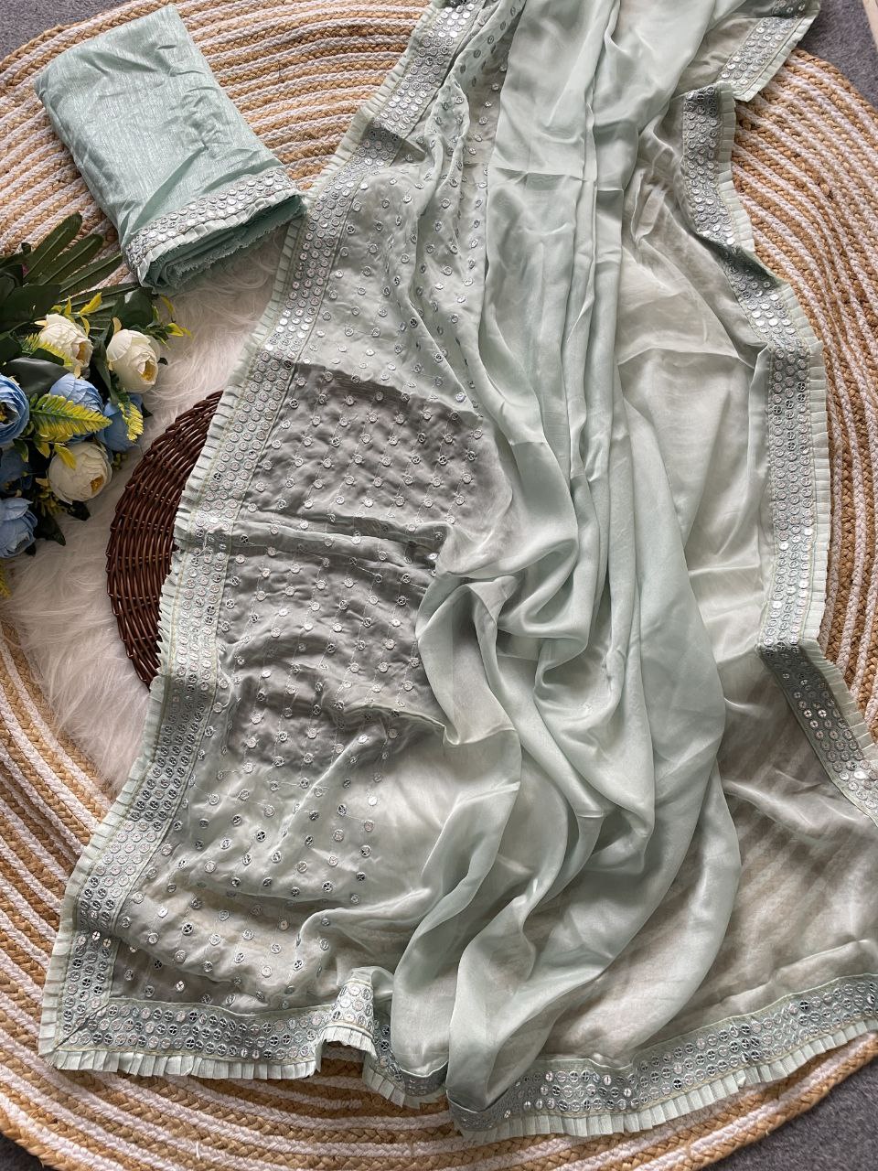 Heavy Tissue Organza Saree with Sequins Embroidery & Frill Lace Border, Silk Blouse for Weddings & Parties