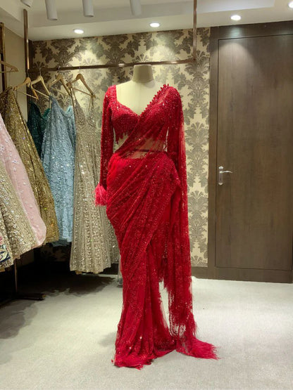 Women’s Heavy Butterfly Net Saree with 5MM Sequin Embroidery | Unstitched Net Blouse with Front & Back Work | Zalar Detailing on Pallu & Blouse | 4.4M Work Done