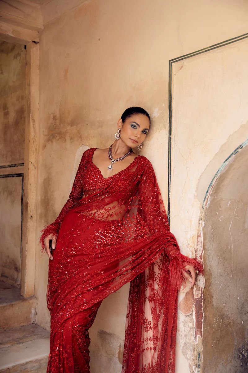 Women’s Heavy Butterfly Net Saree with 5MM Sequin Embroidery | Unstitched Net Blouse with Front & Back Work | Zalar Detailing on Pallu & Blouse | 4.4M Work Done