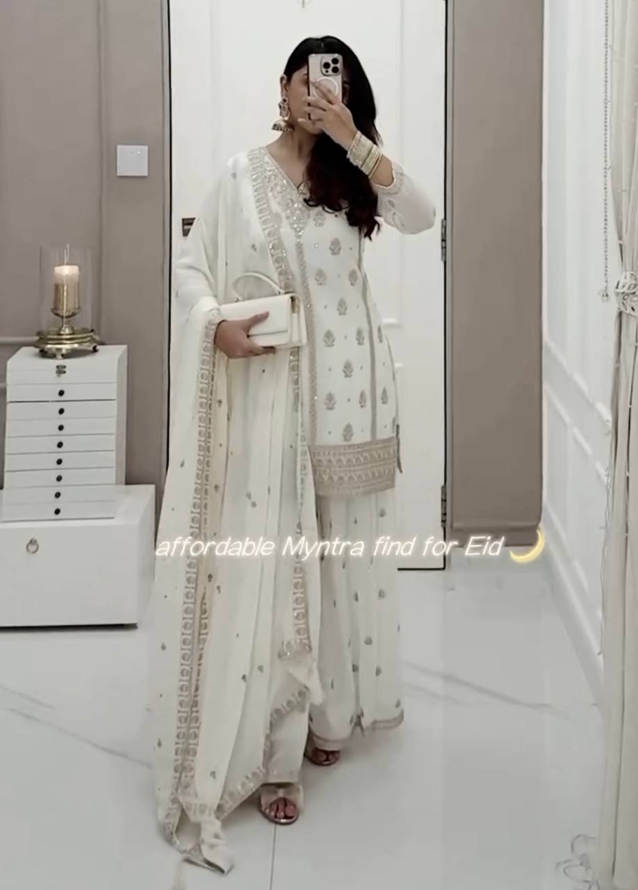 Elegant Pure Faux Georgette Silk Top & Plazzo Set with Dupatta – Multi-Needle Sequins and Zari Embroidery