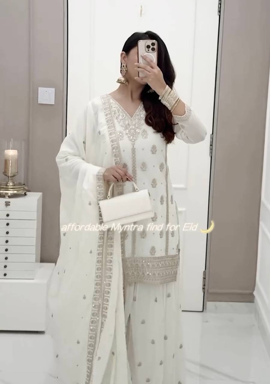 Elegant Pure Faux Georgette Silk Top & Plazzo Set with Dupatta – Multi-Needle Sequins and Zari Embroidery