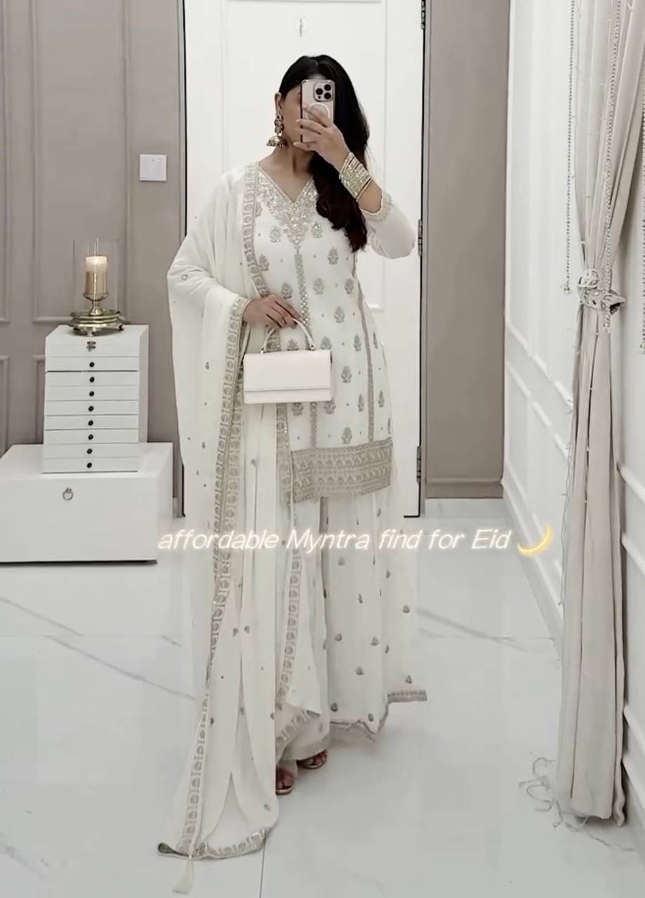 Elegant Pure Faux Georgette Silk Top & Plazzo Set with Dupatta – Multi-Needle Sequins and Zari Embroidery