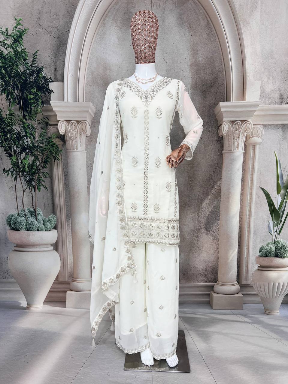 Elegant Pure Faux Georgette Silk Top & Plazzo Set with Dupatta – Multi-Needle Sequins and Zari Embroidery