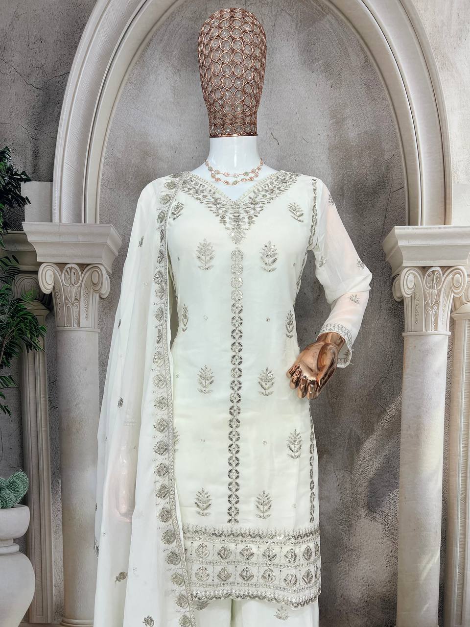 Elegant Pure Faux Georgette Silk Top & Plazzo Set with Dupatta – Multi-Needle Sequins and Zari Embroidery