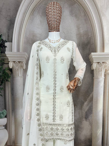 Elegant Pure Faux Georgette Silk Top & Plazzo Set with Dupatta – Multi-Needle Sequins and Zari Embroidery