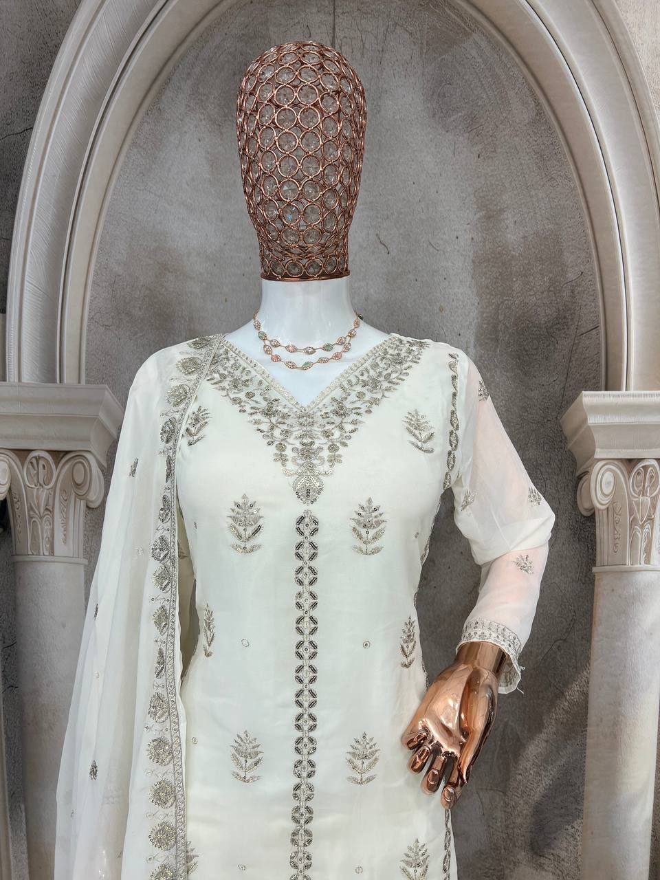 Elegant Pure Faux Georgette Silk Top & Plazzo Set with Dupatta – Multi-Needle Sequins and Zari Embroidery