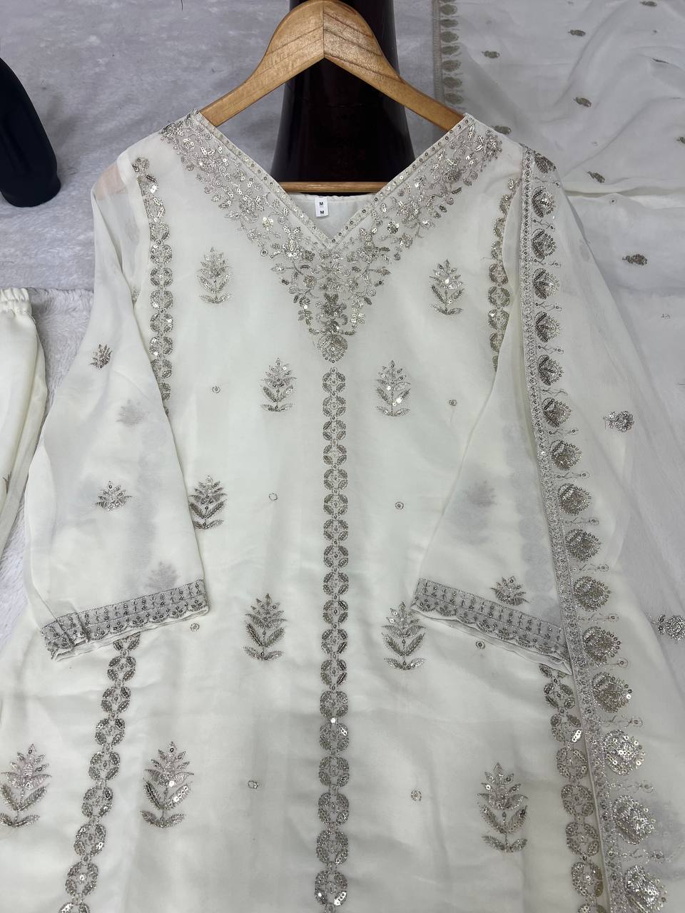 Elegant Pure Faux Georgette Silk Top & Plazzo Set with Dupatta – Multi-Needle Sequins and Zari Embroidery