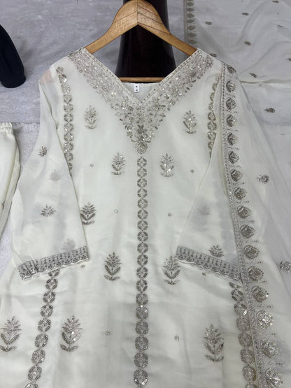 Elegant Pure Faux Georgette Silk Top & Plazzo Set with Dupatta – Multi-Needle Sequins and Zari Embroidery