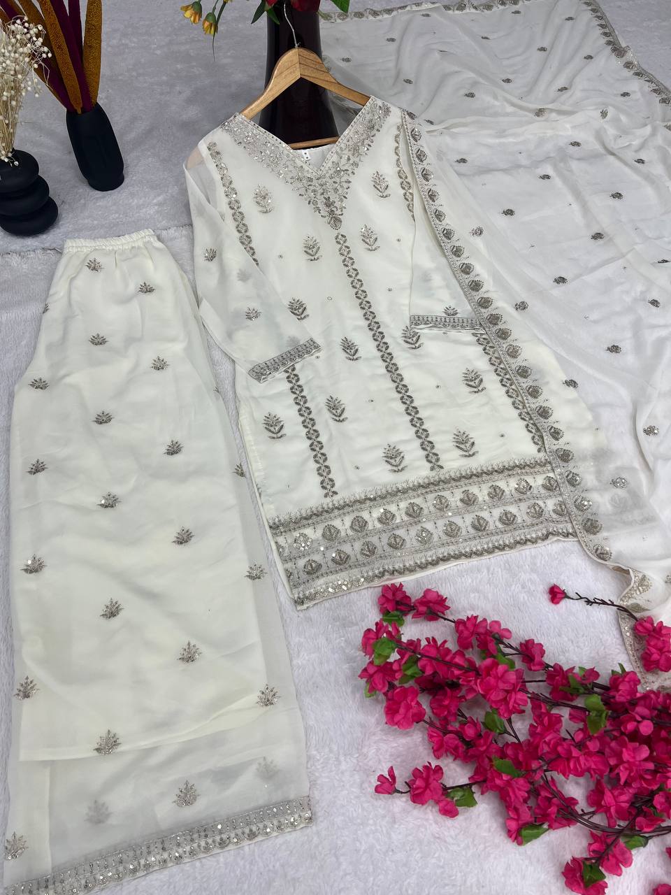 Elegant Pure Faux Georgette Silk Top & Plazzo Set with Dupatta – Multi-Needle Sequins and Zari Embroidery