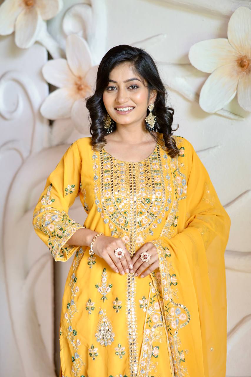 Elegant Faux Georgette Silk Kurti Set with Bottom & Lace-Embellished Dupatta – Multi-Needle Sequins Work (Fully Stitched