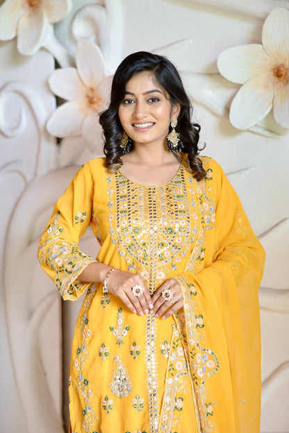 Elegant Faux Georgette Silk Kurti Set with Bottom & Lace-Embellished Dupatta – Multi-Needle Sequins Work (Fully Stitched