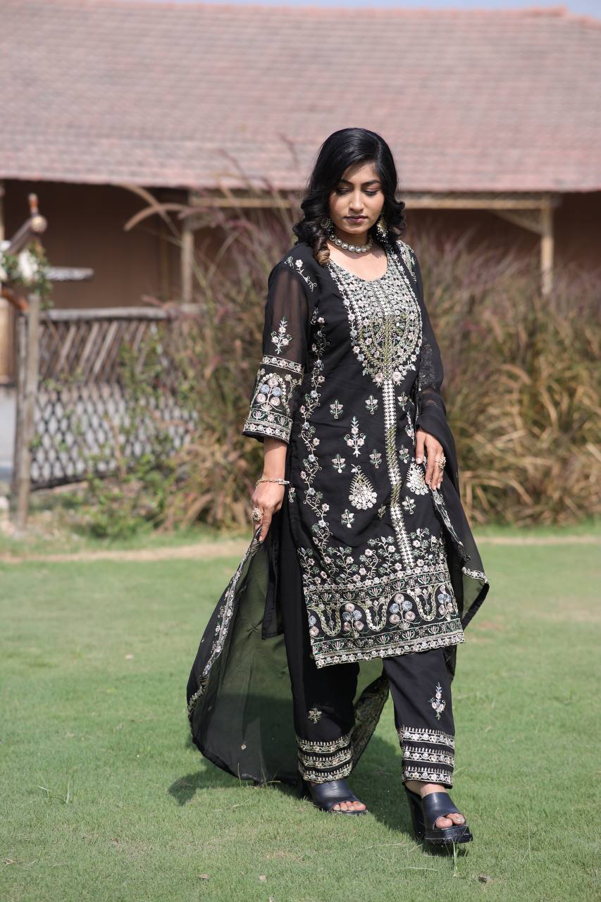 Elegant Faux Georgette Silk Kurti Set with Bottom & Lace-Embellished Dupatta – Multi-Needle Sequins Work (Fully Stitched